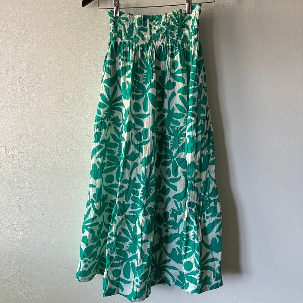 Marine Layer Tropical Floral Tiered Midi Skirt XS/S Green White Smocked Pockets - Picture 7 of 10